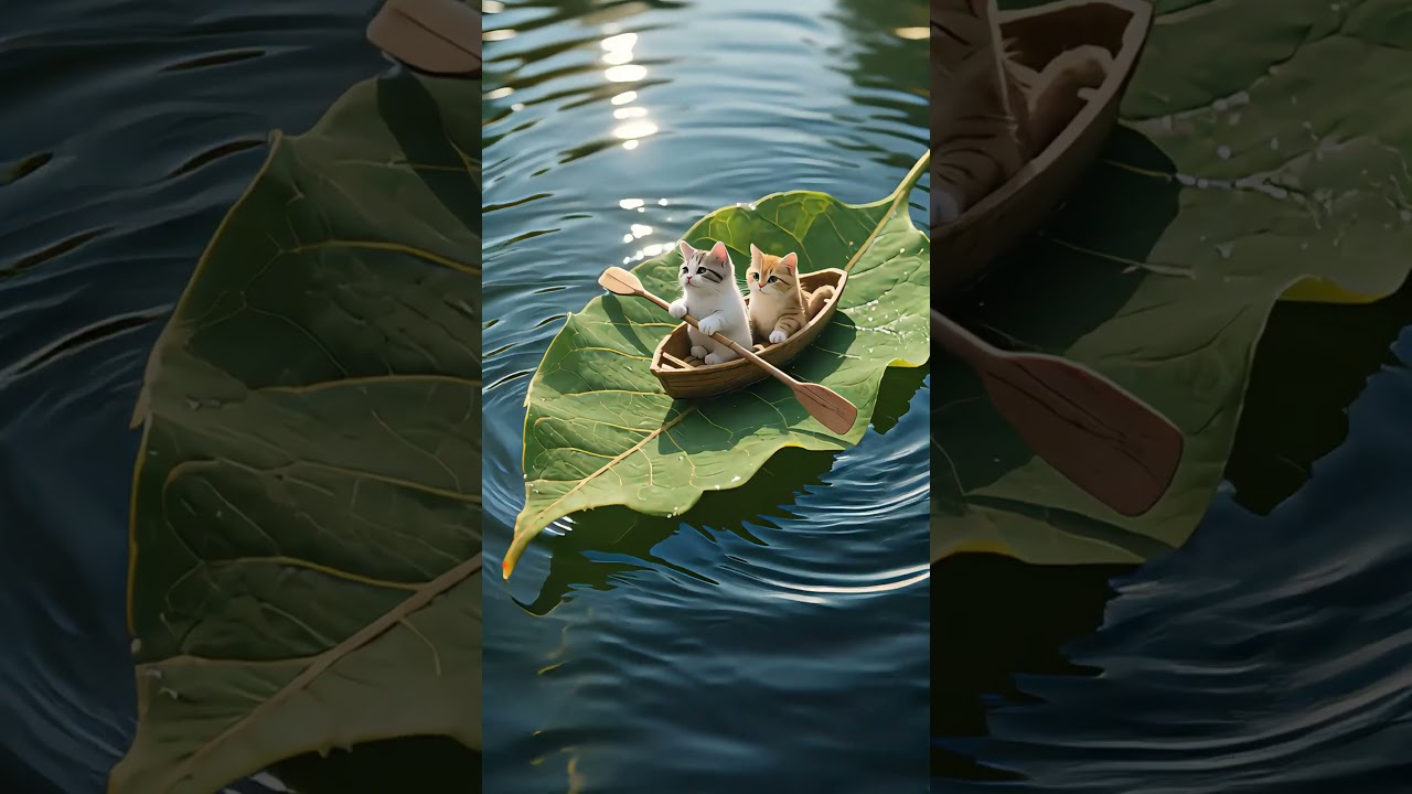ลูกแมวน้อยน่ารักสองตัวนั่งอยู่ในเรือใบรูปใบไม้เล็ก ๆ